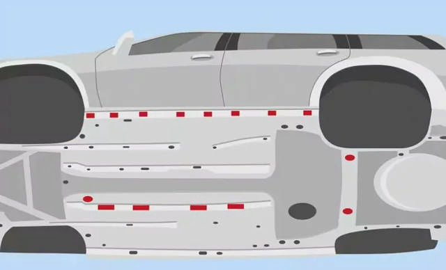 Illustration eines Fahrzeugs von unten, die verschiedene Bereiche zeigt, in denen Klebeverbindungen im Automobilbau verwendet werden.