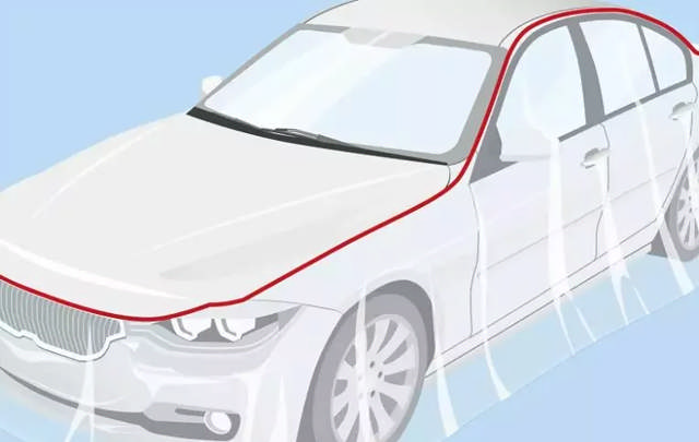 Illustration eines Fahrzeugs, die die Bereiche mit roter Linie hervorhebt, in denen Klebeverbindungen für die Befestigung von Karosserieteilen im Automobilbau verwendet werden.